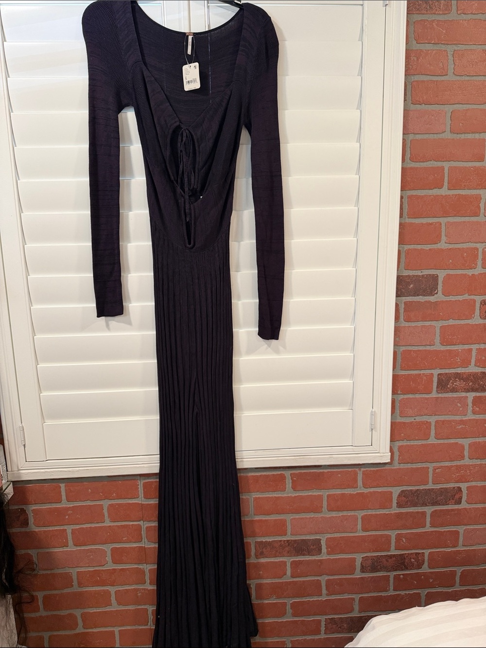 FP Movement by Free People Black Long-Sleeve Ribbed Maxi Jumpsuit with Front Tie